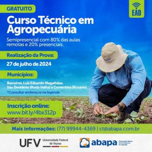 Abapa e Universidade Federal de Viçosa abrem inscrições para curso gratuito EAD de Técnico em Agropecuária