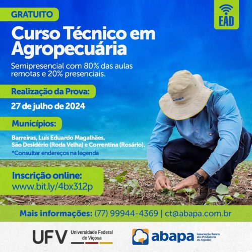 Abapa e Universidade Federal de Viçosa abrem inscrições para curso gratuito EAD de Técnico em Agropecuária